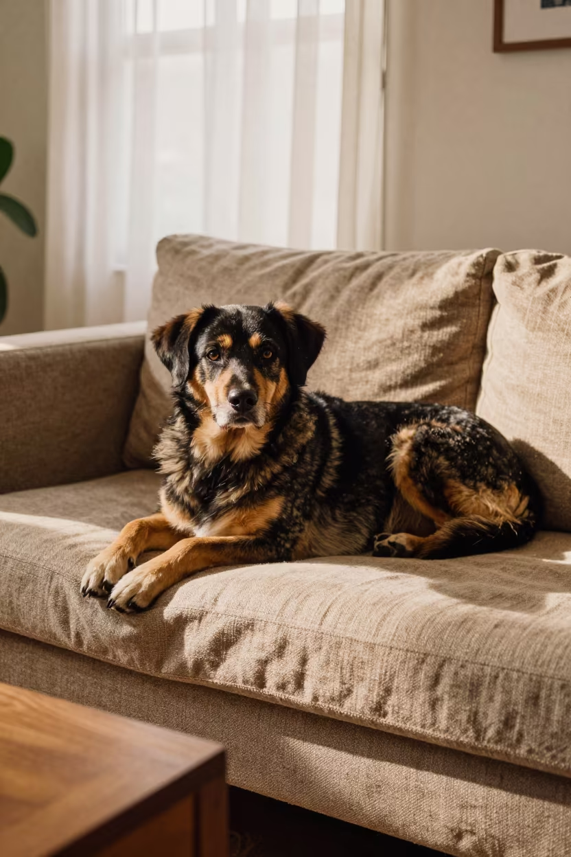 Braque Francais Pyrenean Resting on Dhaka Sofa in on a linen sofa with daylight from a nearby window in Dhaka