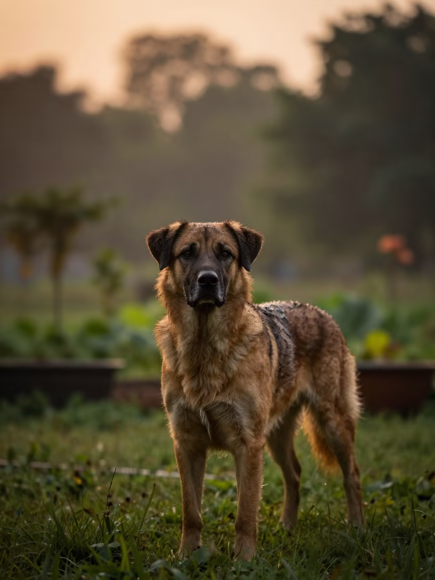 Braque Francais Standing in Rainy Akola Yard in near a garden edge with soft morning light and an uncluttered background in Akola