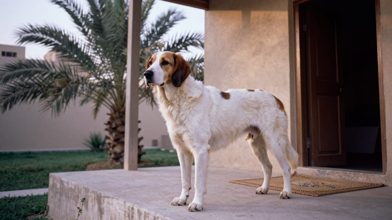 Braque Saint-Germain on a Mecca Porch in 1982 in near a garden edge with soft morning light and an uncluttered background in Mecca