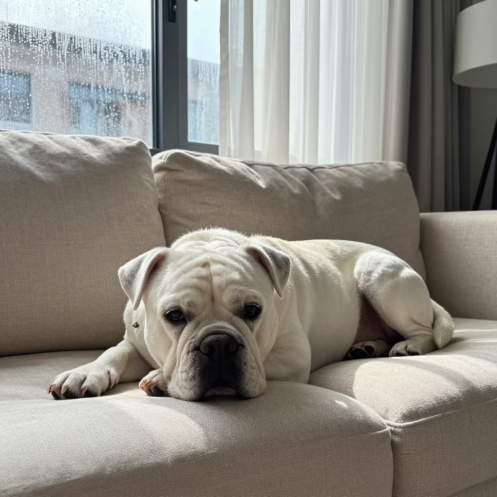 Braque Saint-Germain on Linen Sofa in Wuhan Light in on a linen sofa with daylight from a nearby window in Wuhan