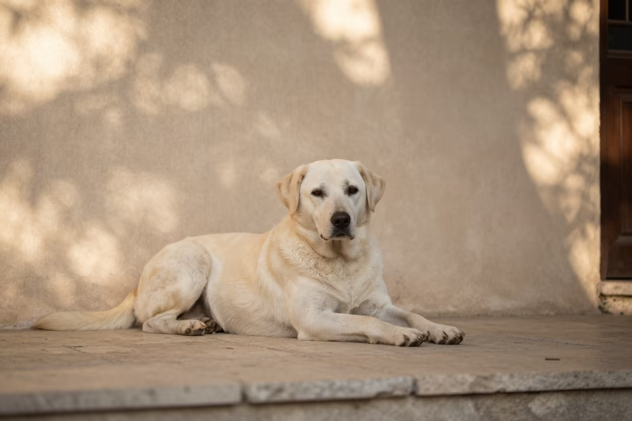 Braque Saint-Germain on Shaded Aleppo Porch in beside a plain courtyard wall in clear daylight with the animal at eye level in Aleppo