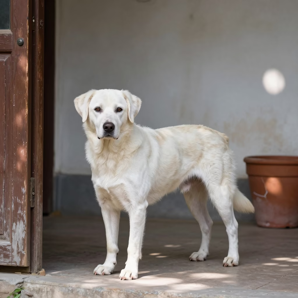 Braque Saint-Germain on Shaded Oaxaca Porch in beside a plain courtyard wall in clear daylight with the animal at eye level near Oaxaca