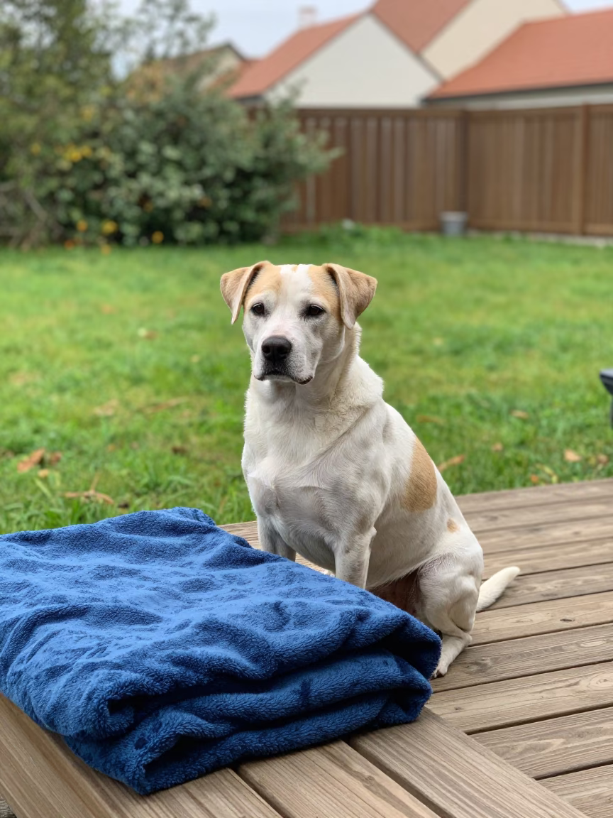 Braque Saint-Germain on Shaded Porch in Plzen Yard in in a small yard with clipped grass, calm light, and the animal centered in frame in Plzeň