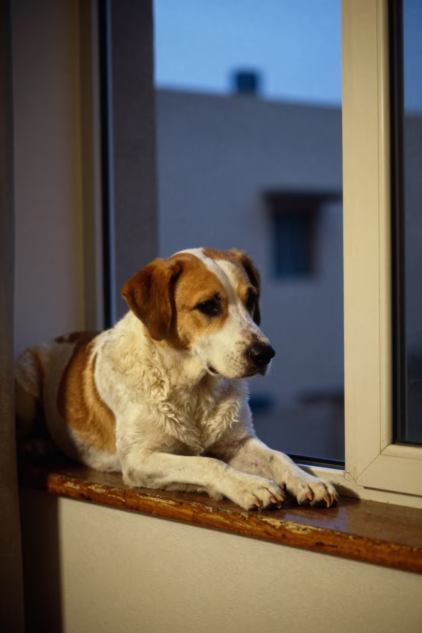 Braque Saint-Germain on Window Seat Jeddah in on a window seat in a quiet apartment with soft side light in Jeddah