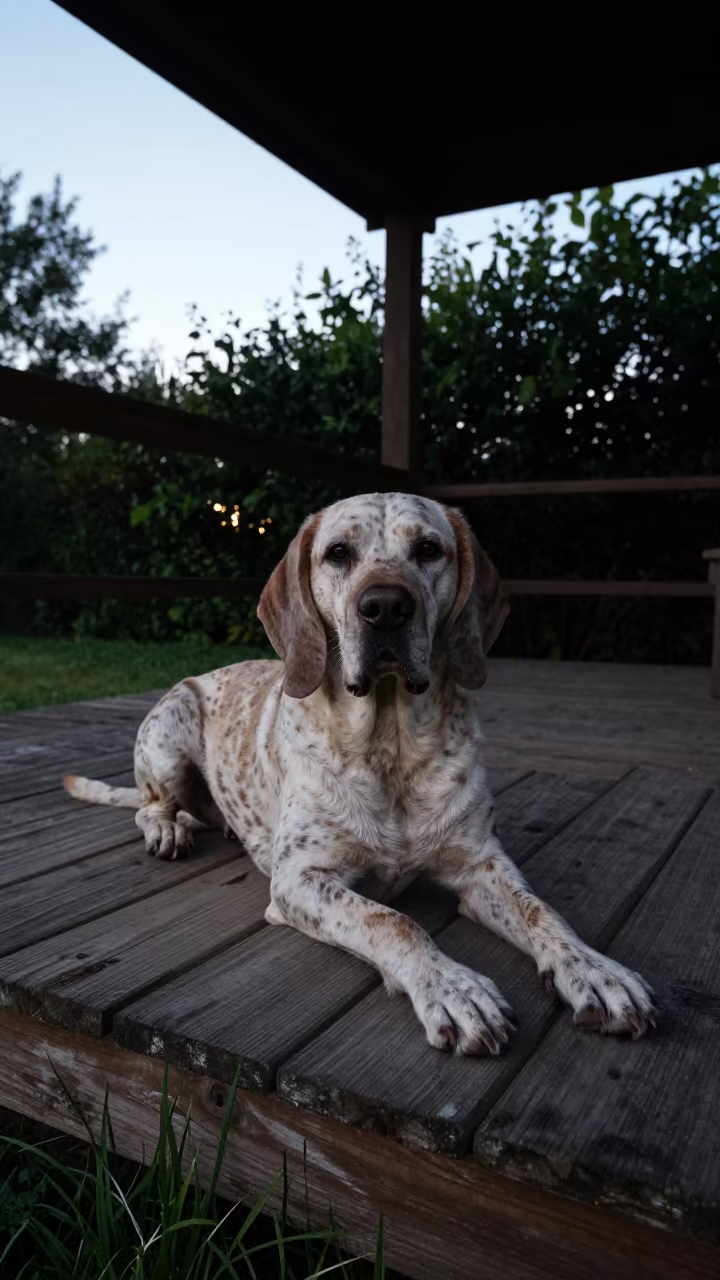 Braque Saint-Germain Porch Dawn Samara in near a garden edge with soft morning light and an uncluttered background in Samara
