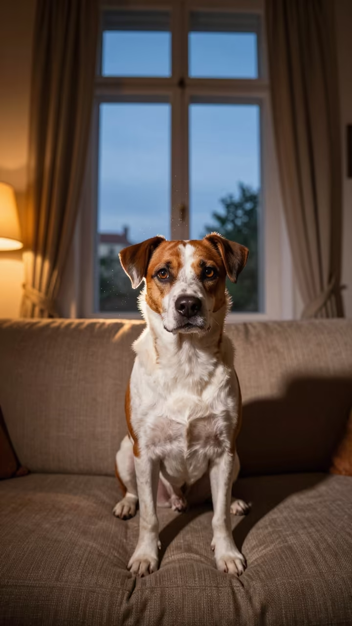 Braque Saint-Germain Portrait Budapest Sofa Twilight in on a sofa near a curtained window with calm indoor light in Gellert, Budapest