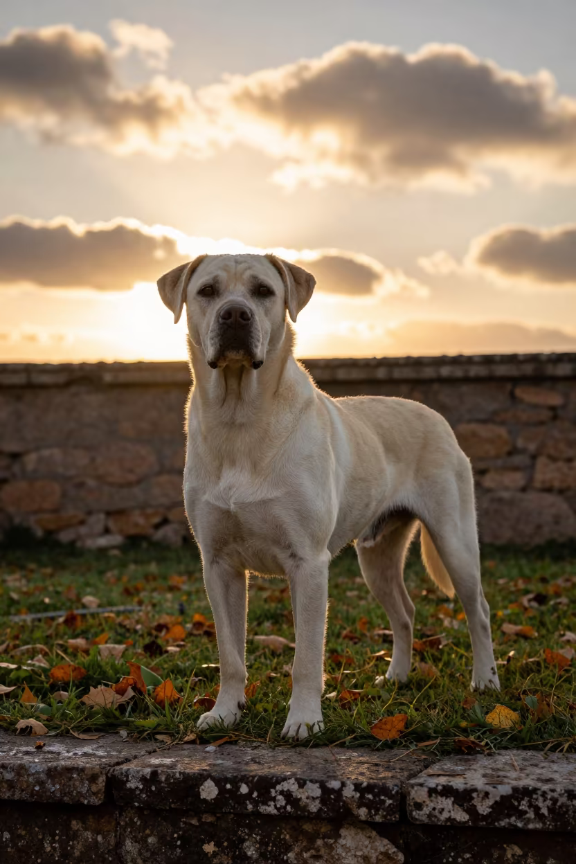 Braque Saint-Germain Portrait in Siwa Yard in in a small yard with clipped grass, calm light, and the animal centered in frame in Siwa