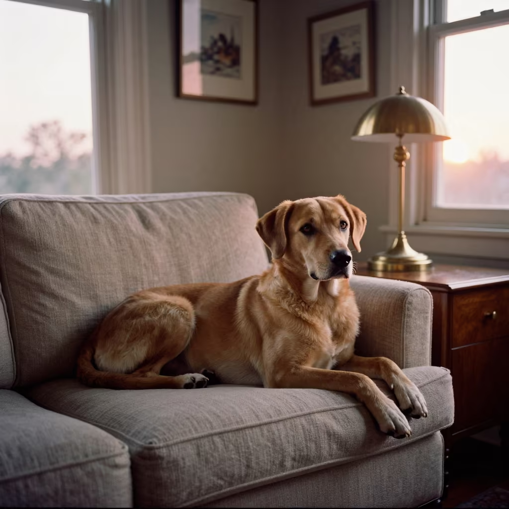 Braque Saint-Germain Resting on Linen Sofa in on a linen sofa with daylight from a nearby window in Kanpur