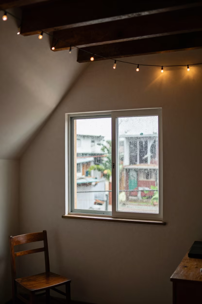 Brasilia Attic Noon Rain Fairy Lights in beside a rain-streaked window in Brasilia