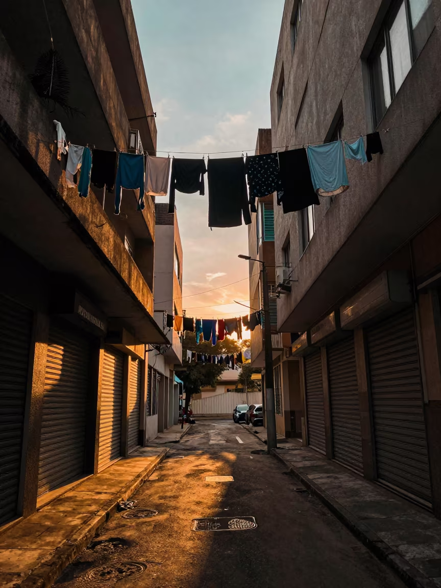 Brasilia Sunset Alley Laundry Lines in along a shuttered arcade in Brasilia