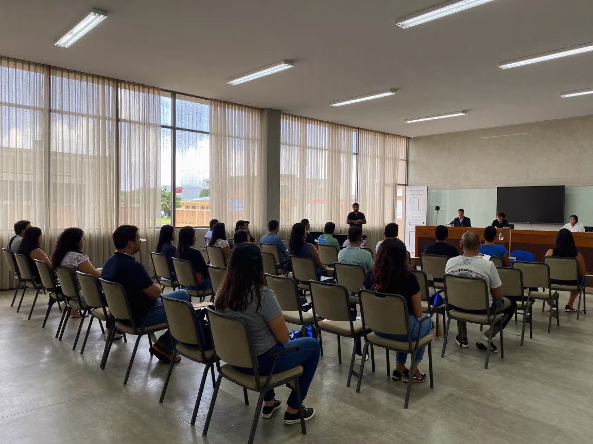 Brasilia Town Hall Audience Waiting for Hearing in in a fluorescent town hall meeting room in Brasilia