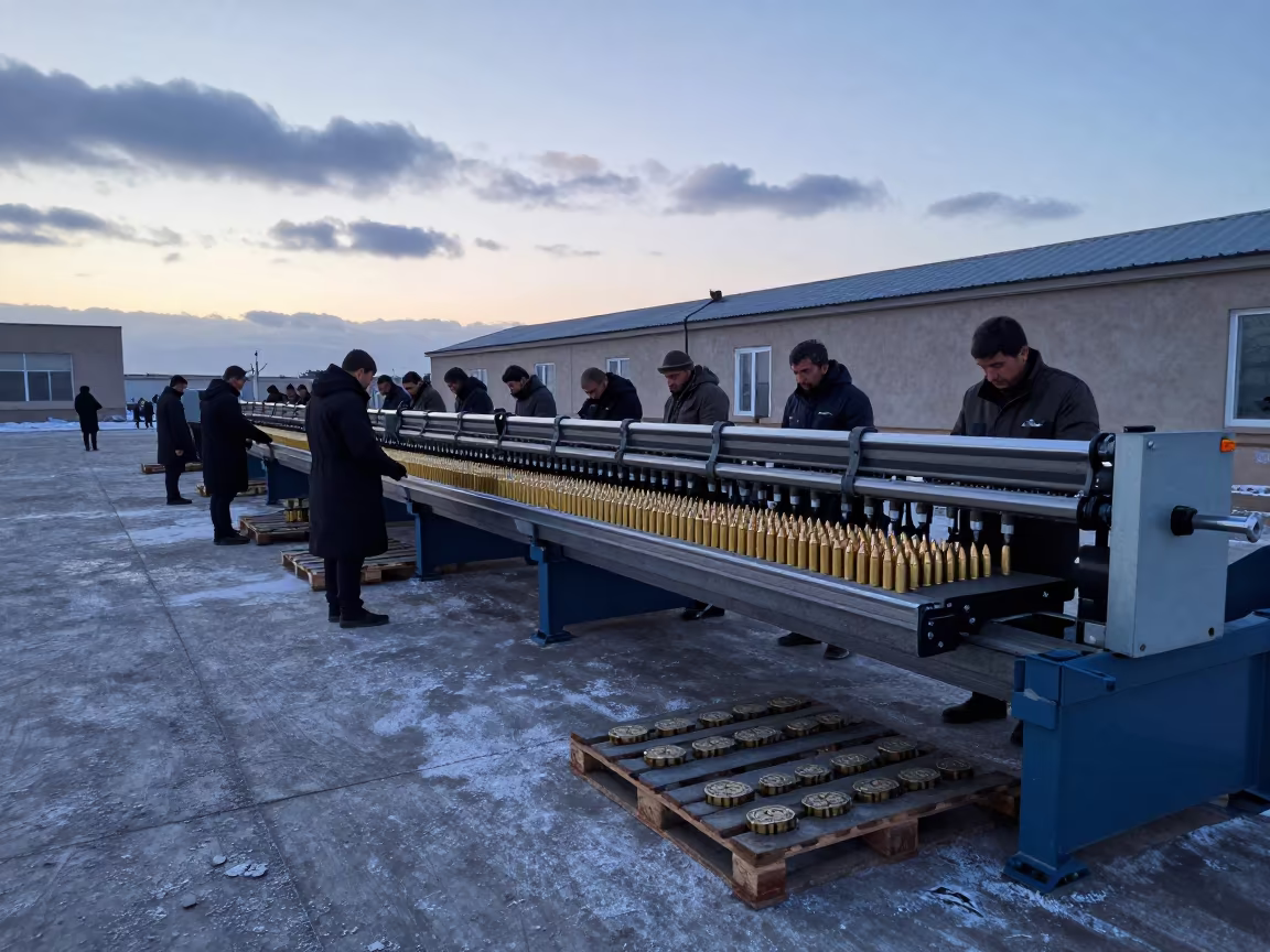 Brass Ammunition Cases on Factory Assembly Line in at a loading dock near Ashgabat
