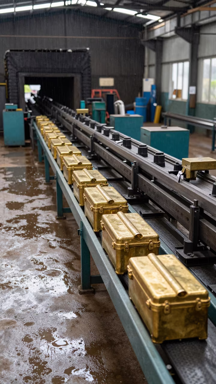 Brass Ammunition Cases on Factory Line Kampala in beside a blast furnace near Kampala