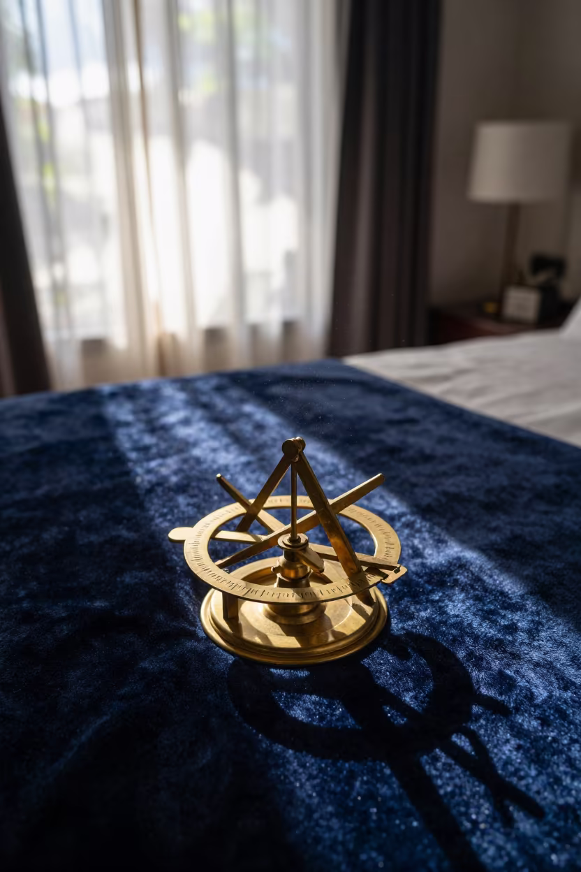 Brass Astrolabe on Navy Velvet in Seychelles Light in on a bedside table in Victoria Seychelles