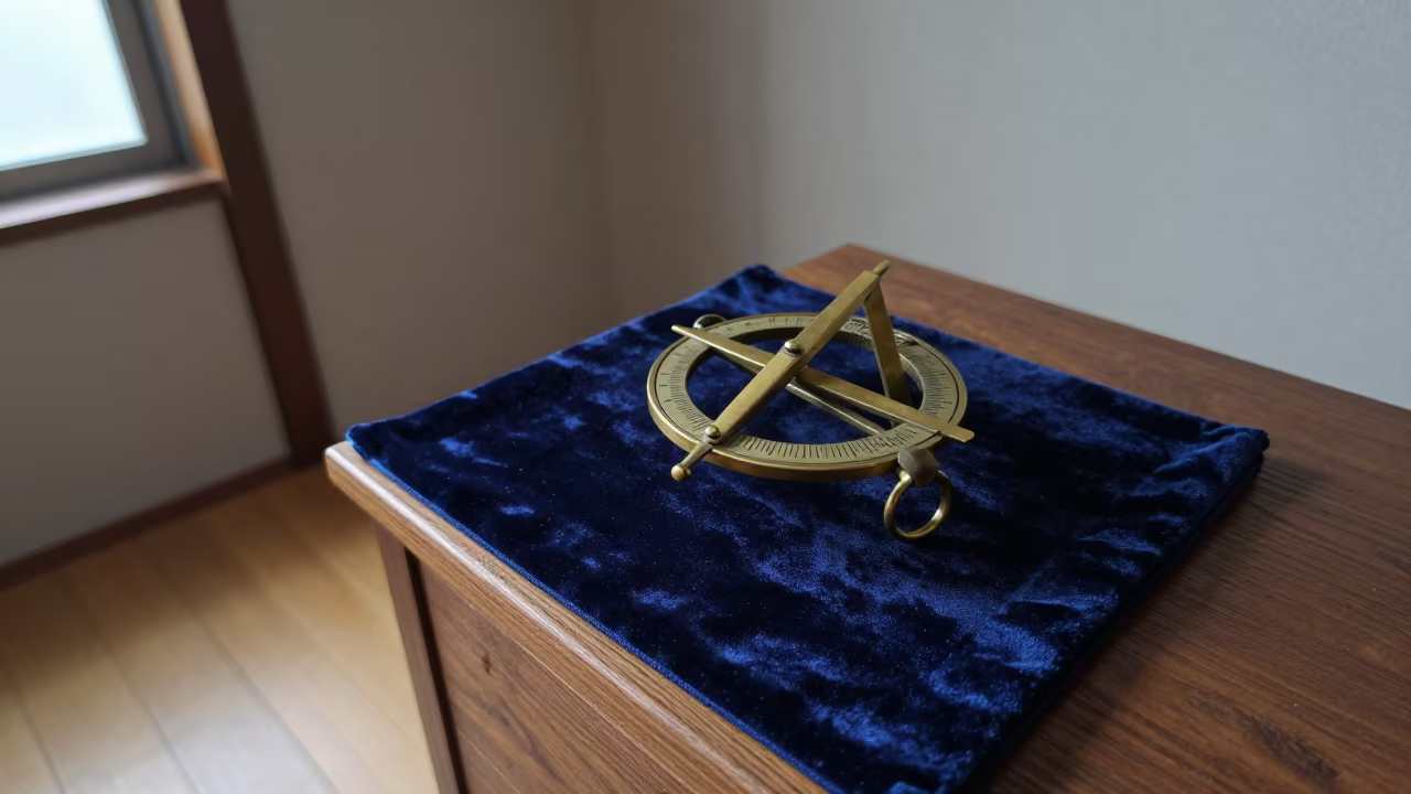 Brass Astrolabe on Navy Velvet in Tokyo Dawn in on a bedside table near Tokyo