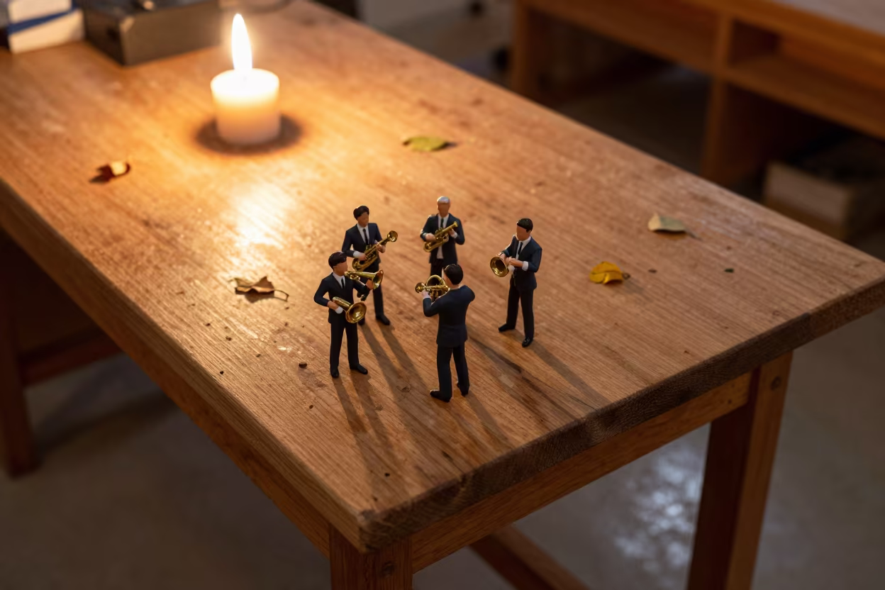Brass Band Procession Turn Golden Hour in on a wooden workbench near Sydney