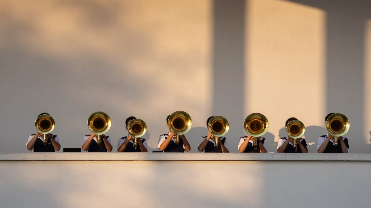 Brass Band Turning Corner on Display Ledge in on a painted display ledge near Boise