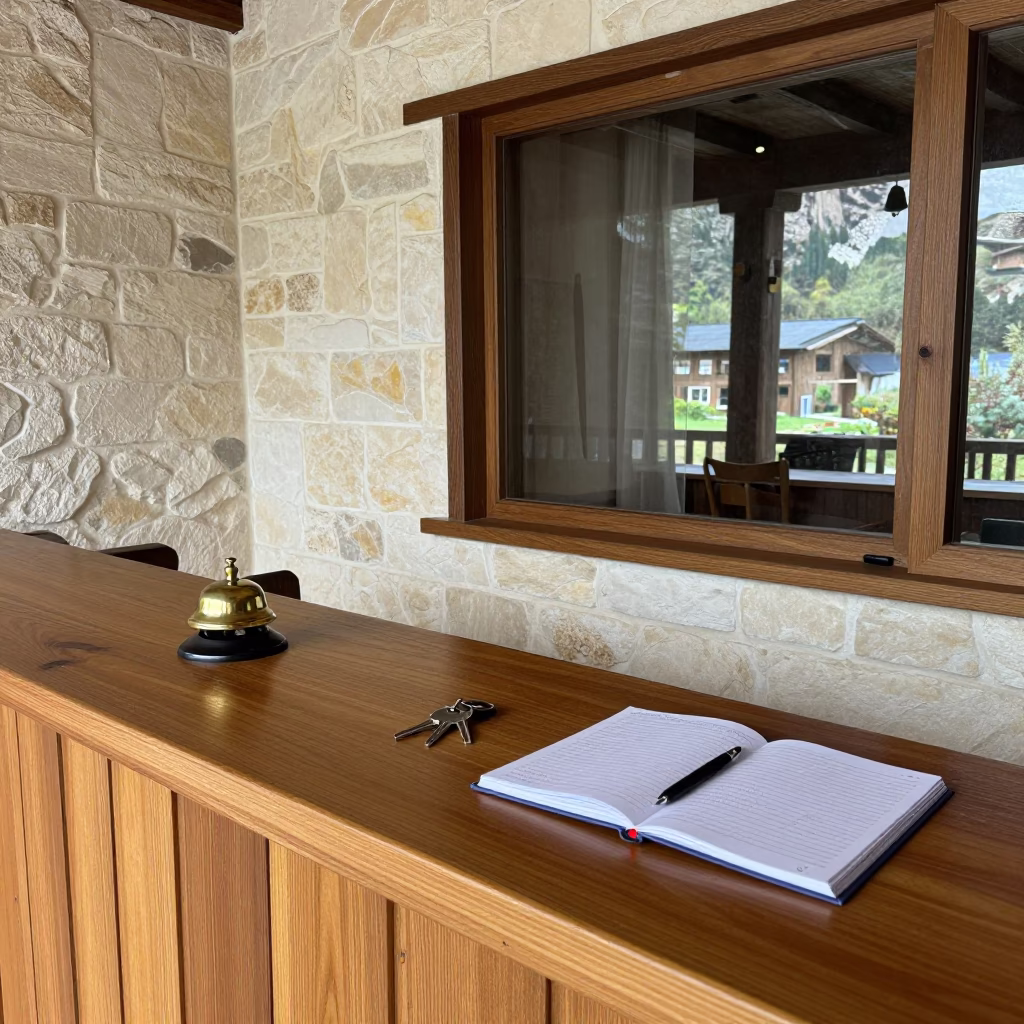 Brass Bell Ledger on Spa Reception Desk in inside a spa reception in San Pedro, La Paz