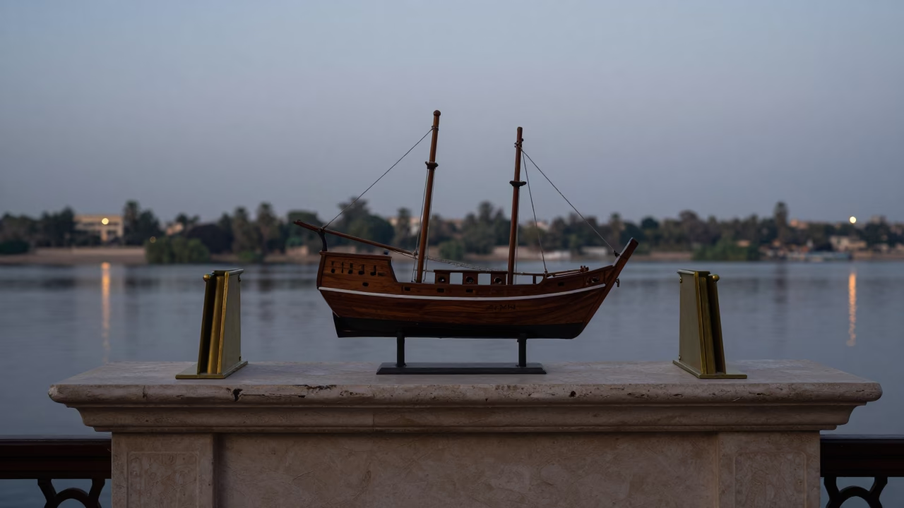 Brass Bookends and Ship Model on Luxor Mantelpiece in near East Bank, Luxor