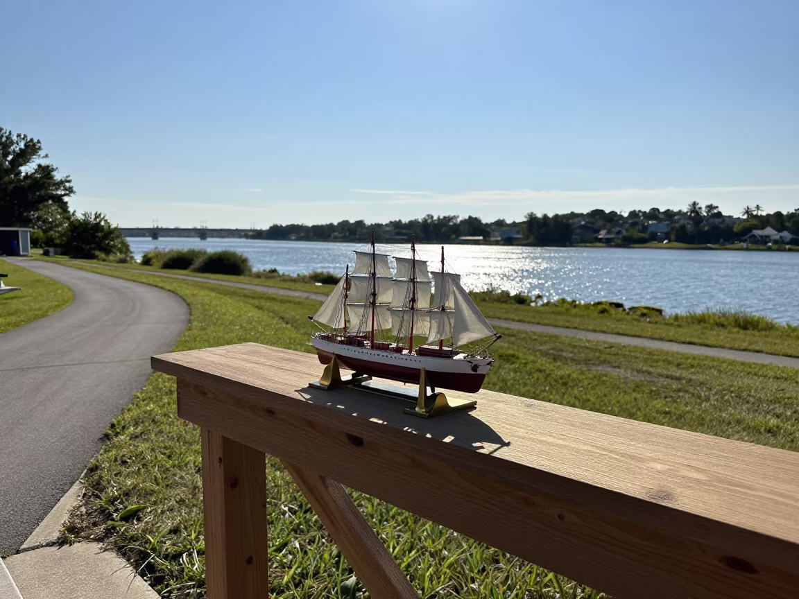 Brass Bookends and Ship Model on Outdoor Mantel in along a switchback approach near Tampa