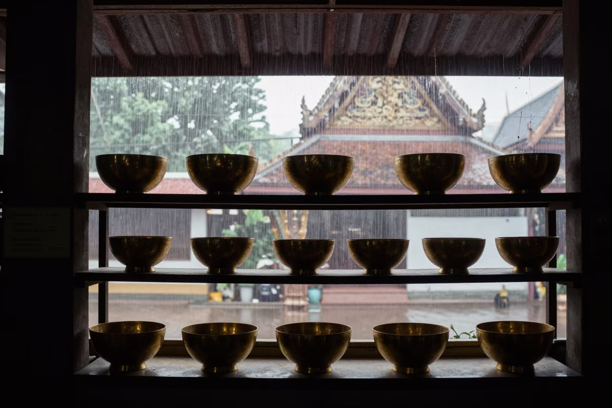 Brass Bowls in Bangkok Prayer Hall Monsoon Light in in a prayer hall in Bangkok
