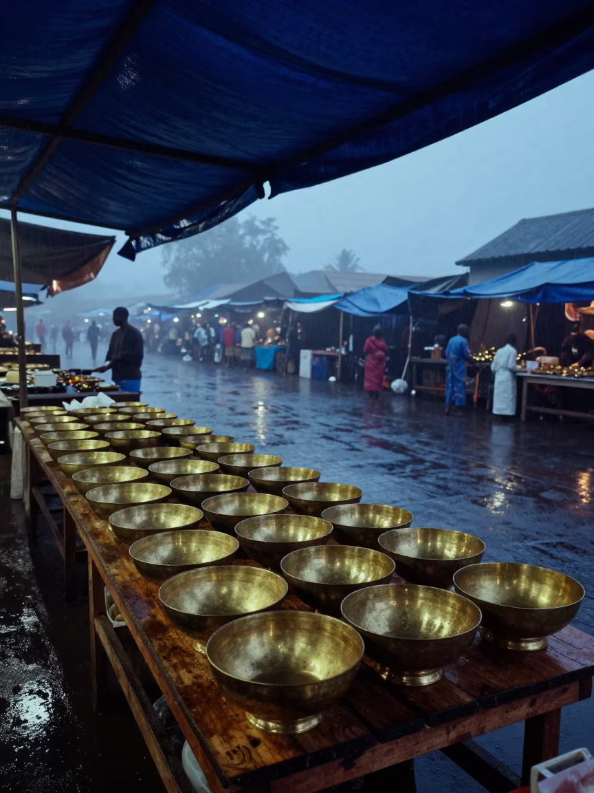Brass Bowls on Mombasa Night Market Ticket Table in at a night market in Mombasa