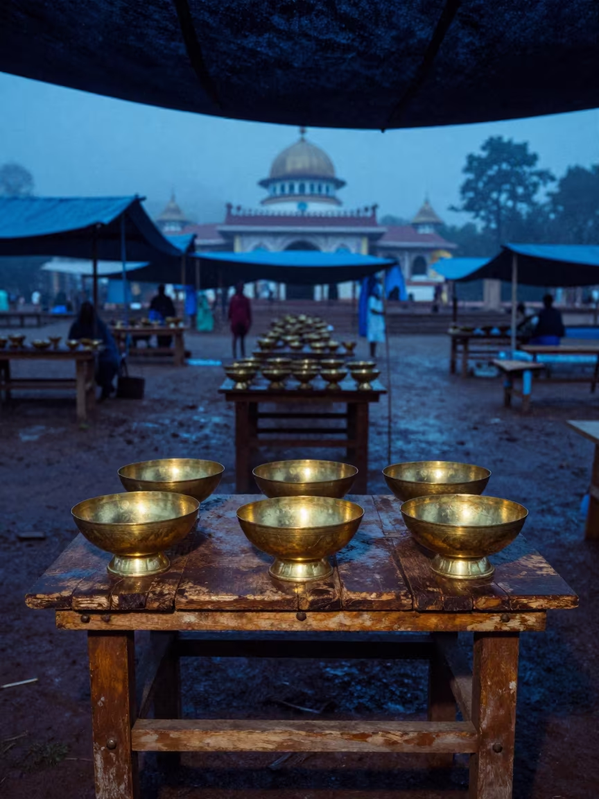 Brass Bowls on Pilgrimage Table in Dar es Salaam Courtyard in in a temple courtyard in Dar es Salaam