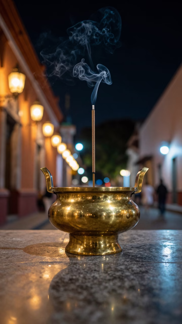 Brass Burner Smoke Neon Shrine Condesa Night in in a shrine lined with lanterns near Condesa, Mexico City