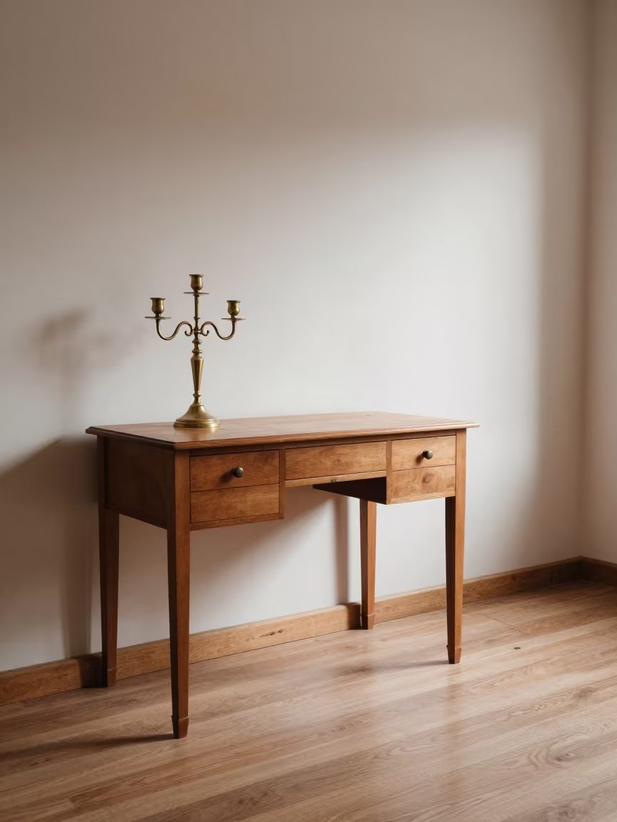 Brass Candelabra on Desk in Tacna Bedroom in on a writing desk in Tacna