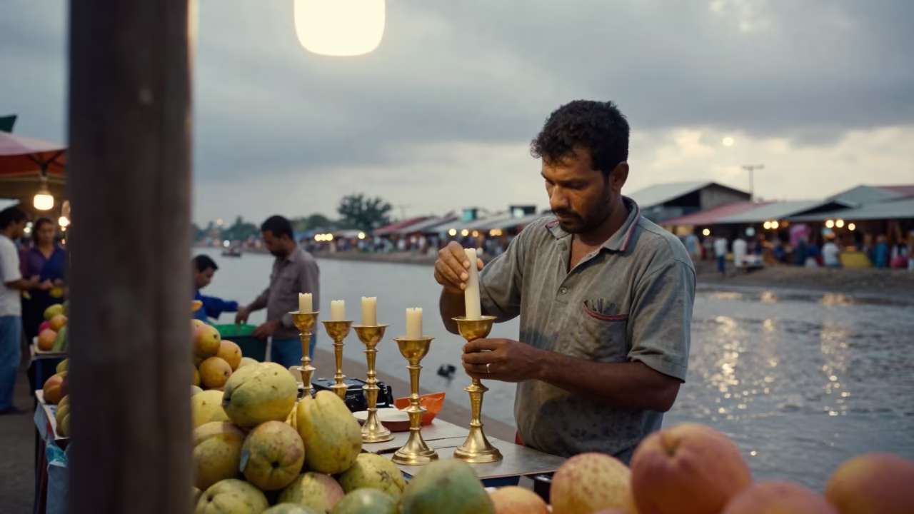 Brass Candlestick Polisher at Dry Season Market in at a roadside fruit stand in Man