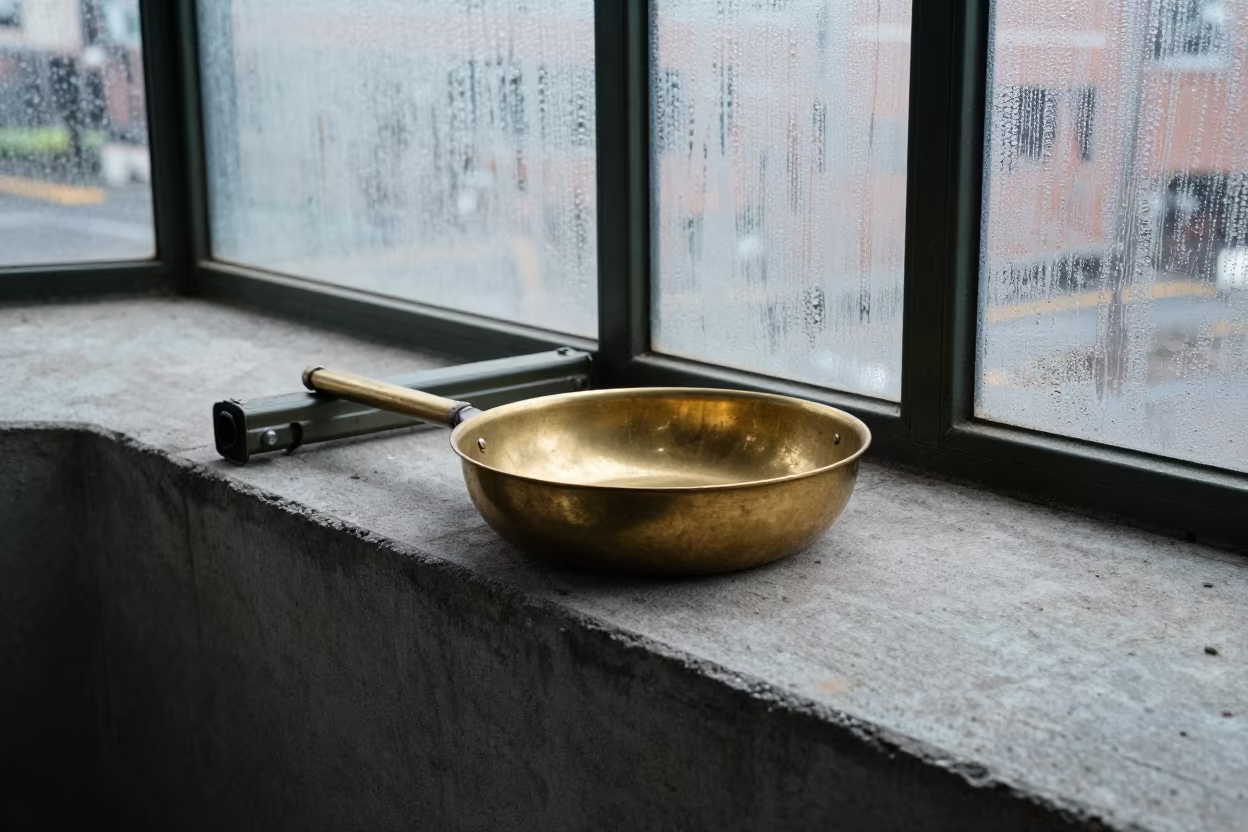 Brass Catch Pan in Bunker Stairwell Before Issue in inside a bunker stairwell in Maun