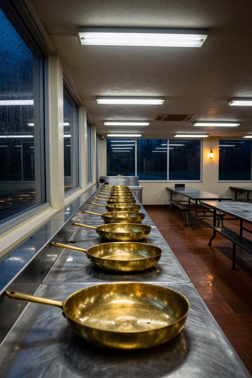 Brass Catch Pan in North Carolina Mess Hall Night in in a mess hall before service in North Carolina