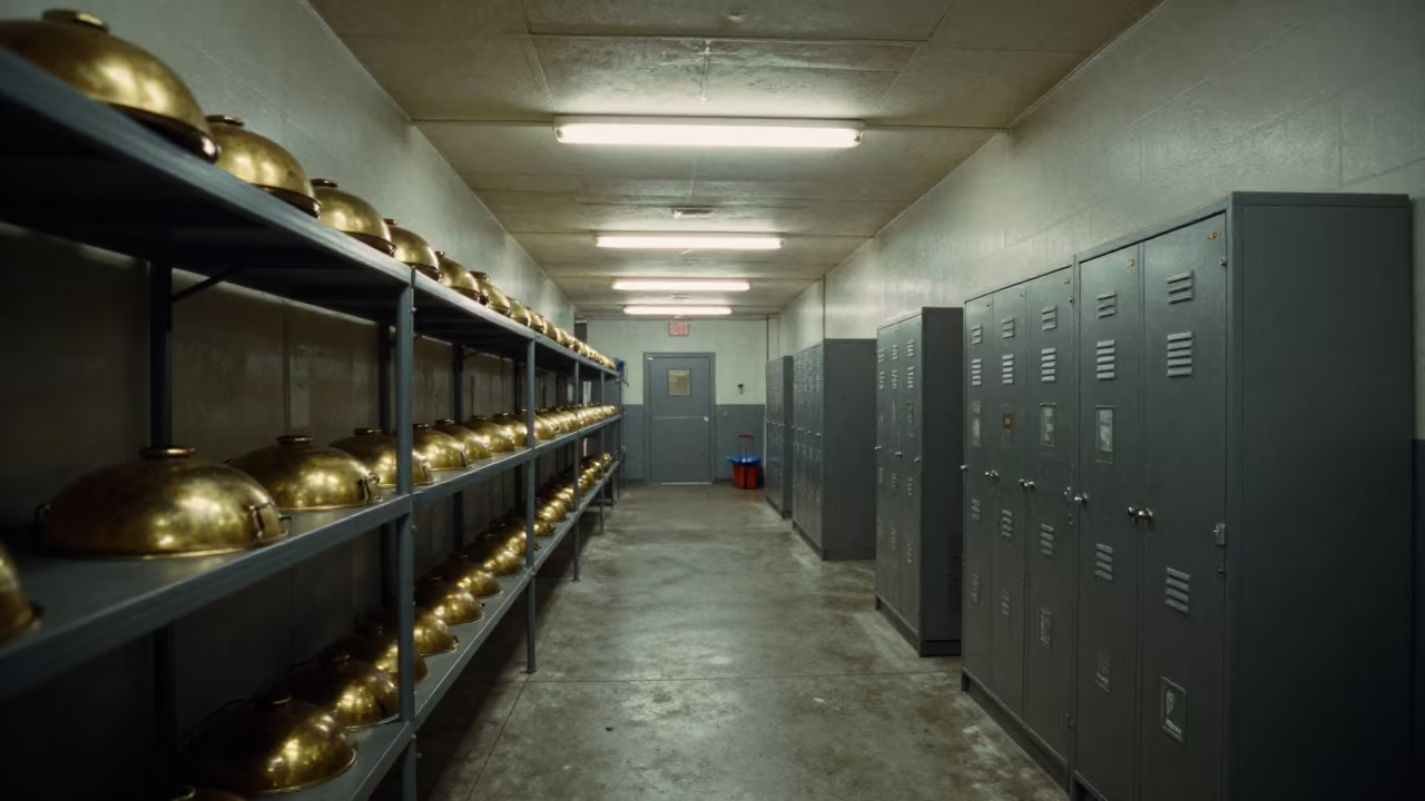 Brass Catch Pan in Midnight Barracks Corridor in inside a barracks corridor near Detroit