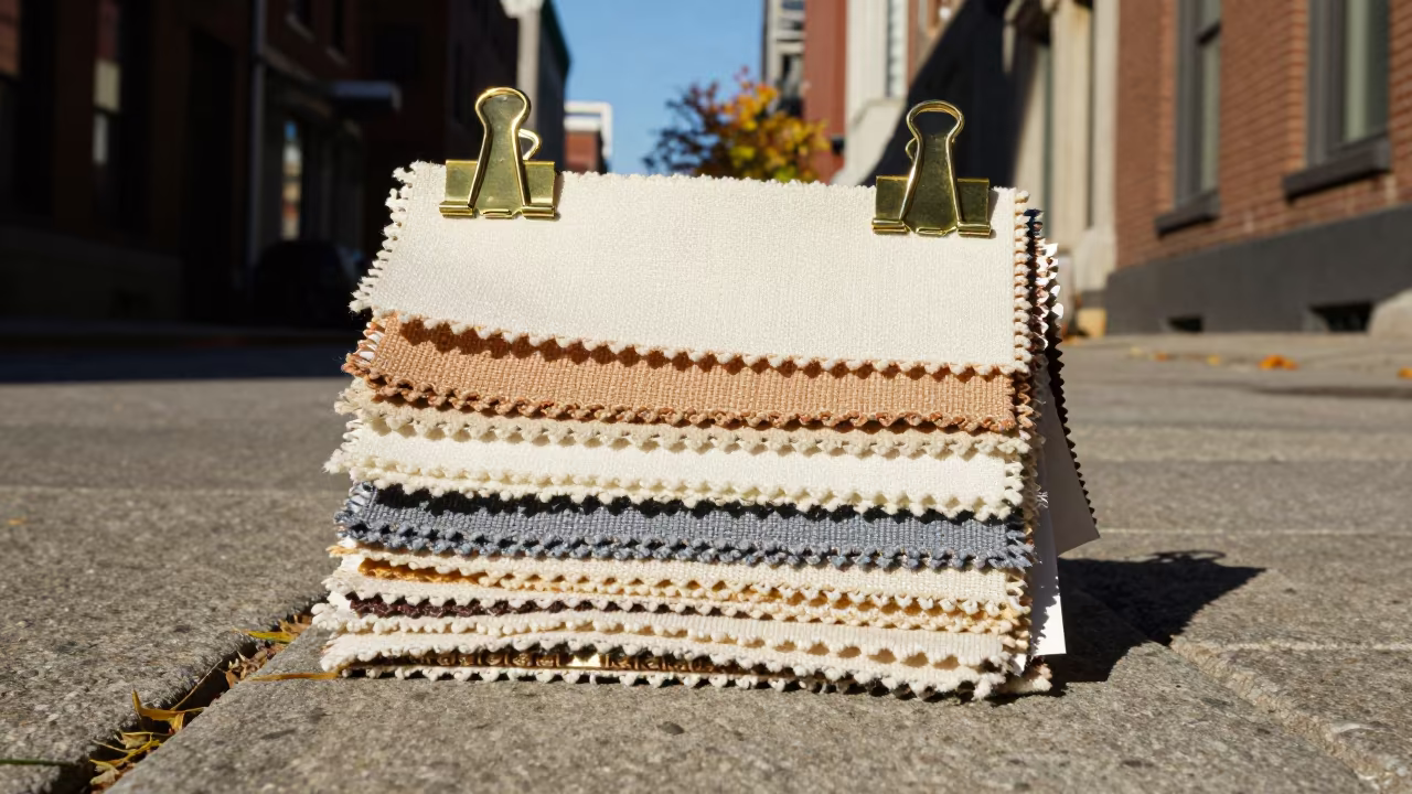 Brass Clips Hold Fabric Swatches in Stone Lane in in a stone lane between old facades in Minneapolis
