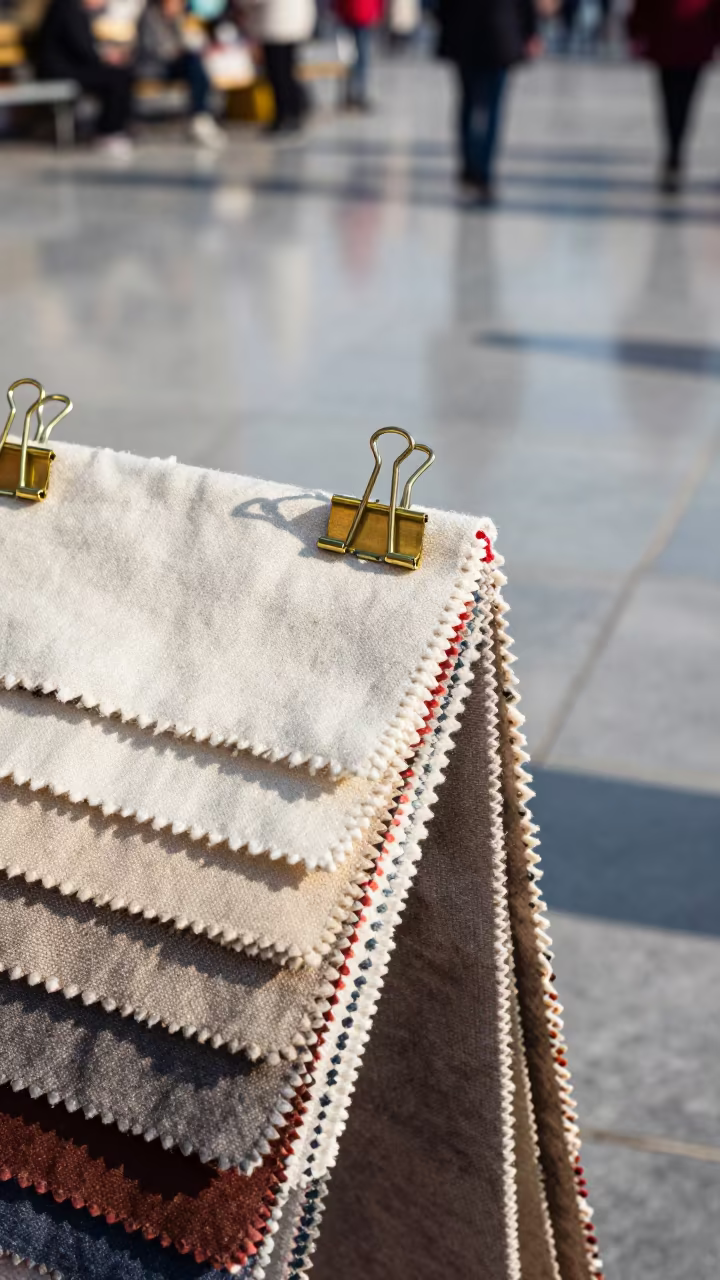 Brass Clips Hold Fabric Swatches on Plaza in across a reflective public plaza near Osmaniye