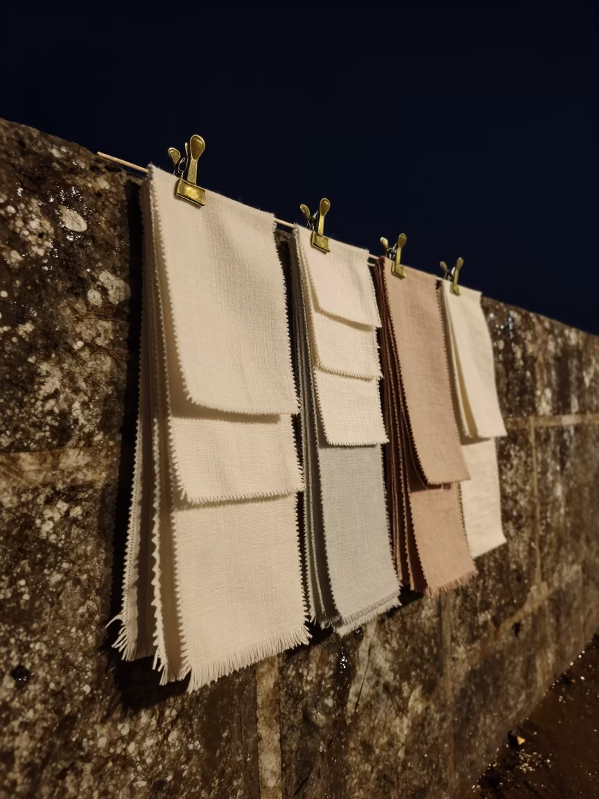 Brass Clips and Muslin Tags on Harbor Wall in against a wind-beaten harbor wall near Kozhikode