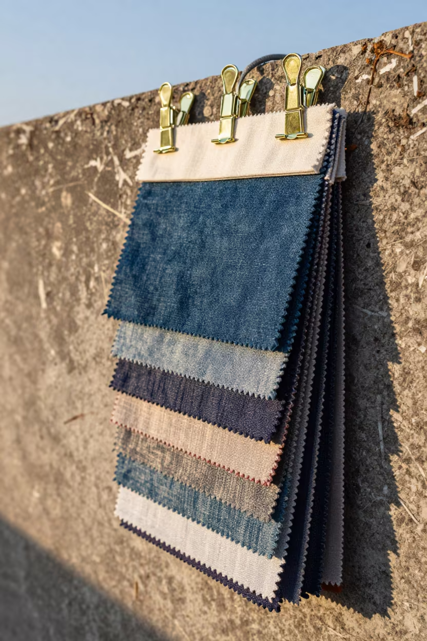 Brass Clips and Textile Swatches on Jinan Harbor Wall in against a wind-beaten harbor wall in Jinan