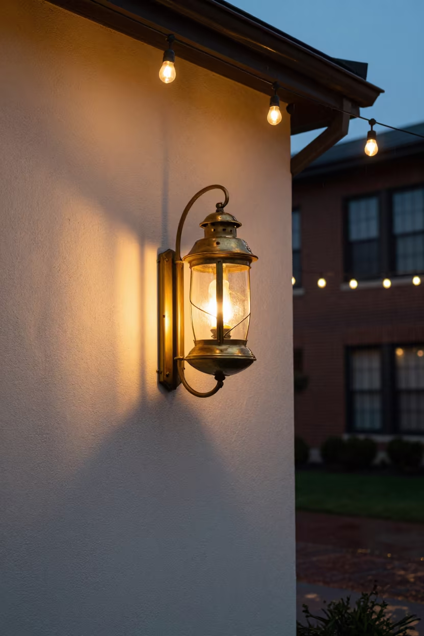 Brass Coach Lantern on Temple Wall Dusk in in a temple courtyard in Cleveland