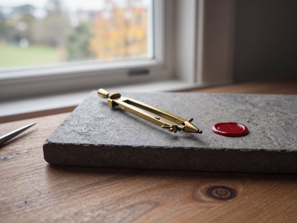 Brass Compass and Wax Seal on Stone Shelf in on a wooden workbench in Auckland