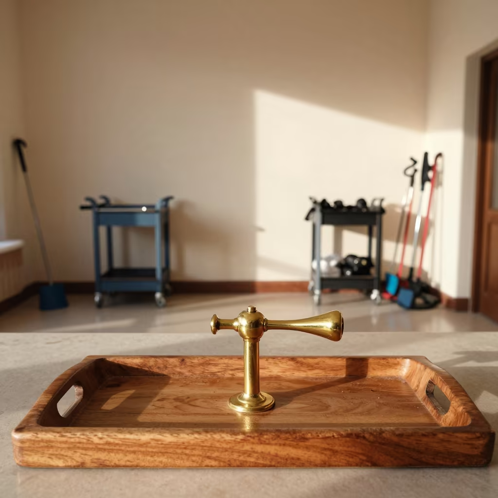 Brass Crank Handle on Spa Tray in Hama in inside a spa reception in Hama