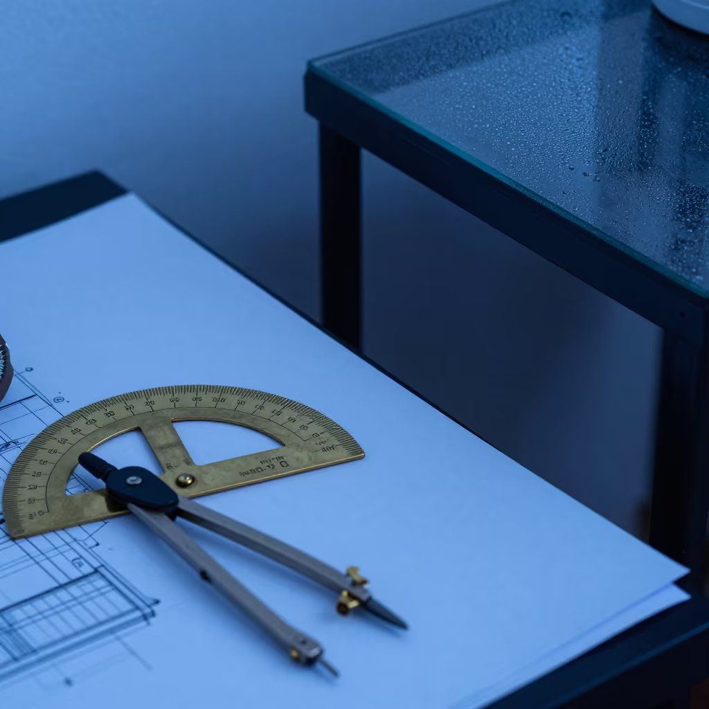 Brass Drafting Tools on Asmara Drawing in Blue Light in on a bedside table near Asmara
