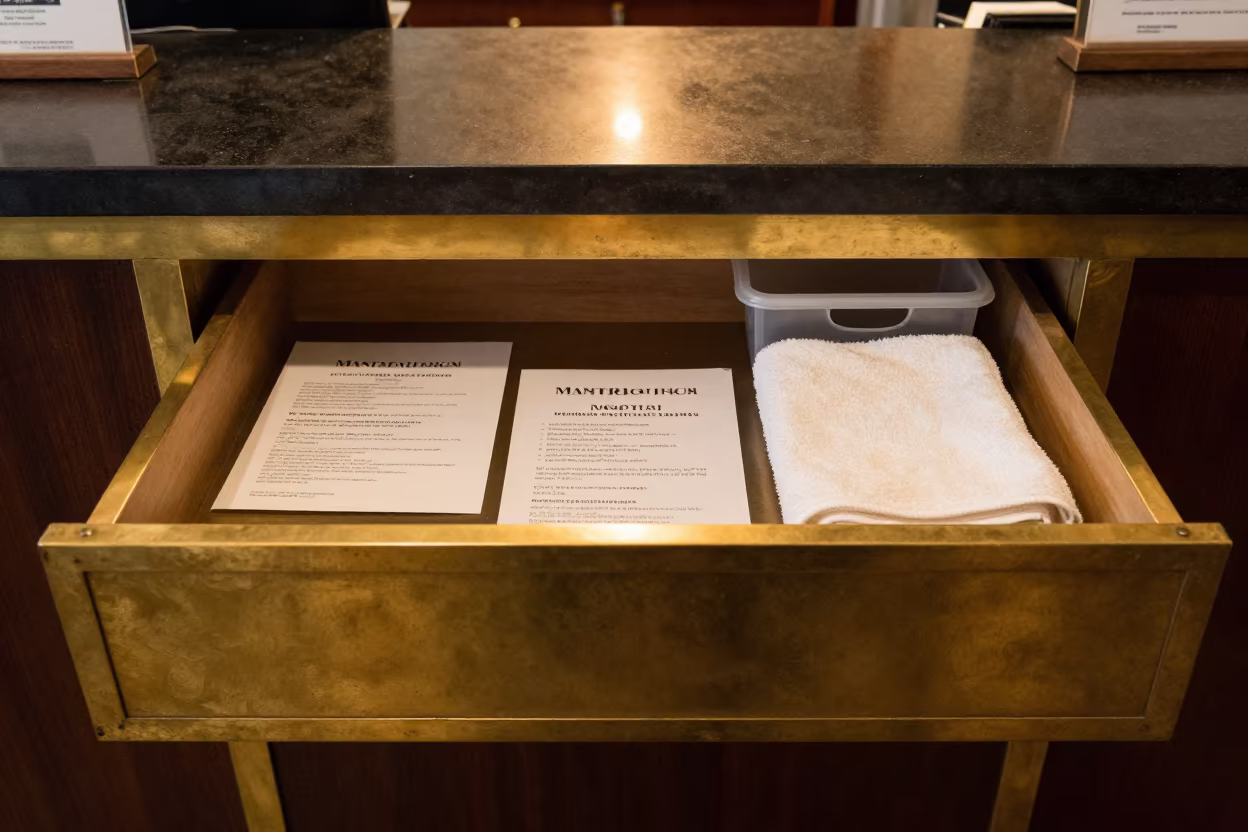 Brass Drawer Laminated Cards Warm Light in at a reception desk under warm light near New York