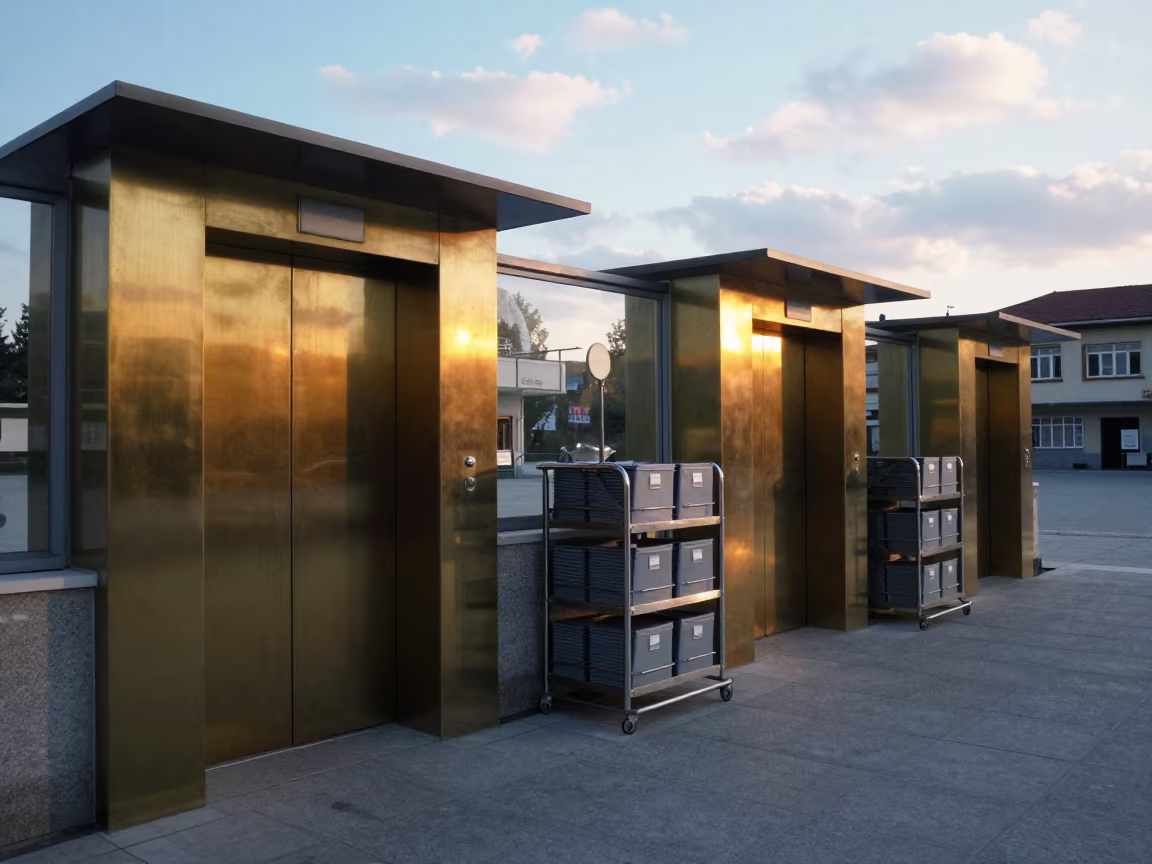 Brass Elevator Doors and File Cart at Balikesir Courthouse in in a public square in Balıkesir