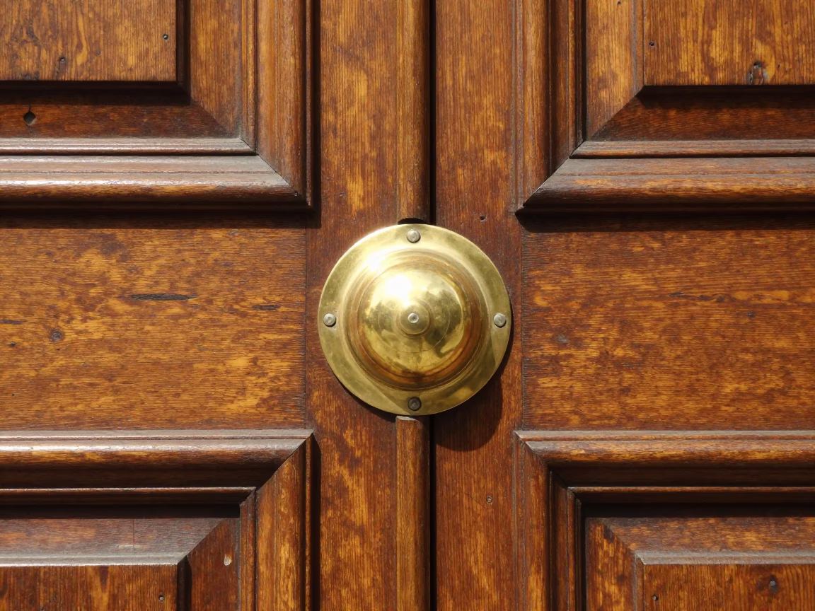 Brass Escutcheon Detail on Historic Milan Doorway Under Harsh Noon Sun in in Milan, Italy