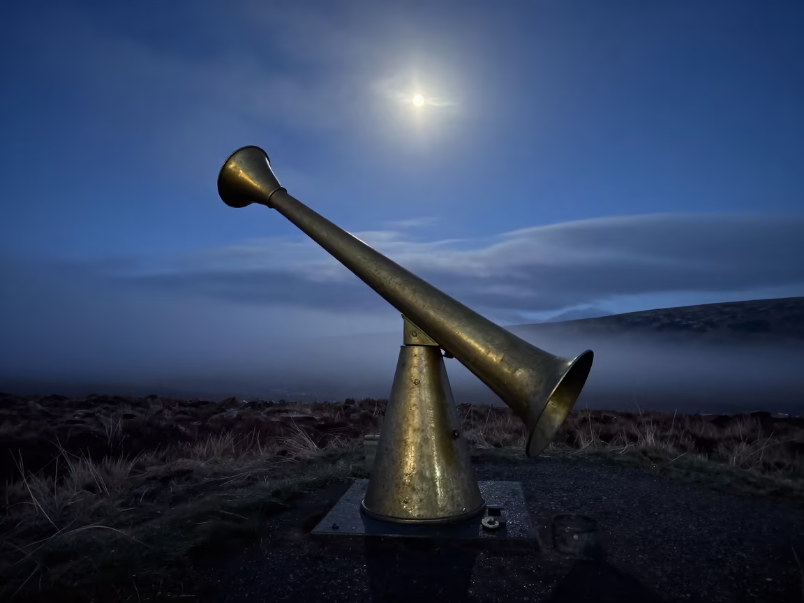 Brass Fog Horn Under Moonlit Highland Night in beneath fast-moving cloud bands in the Scottish Highlands