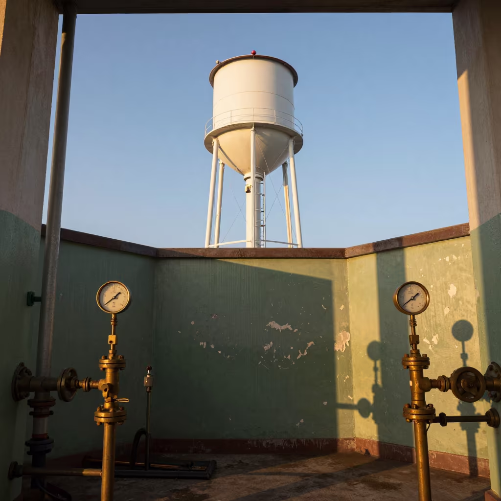 Brass Gauges and Peeling Green Paint Pumping Station in beside a water tower ladder near Warnes