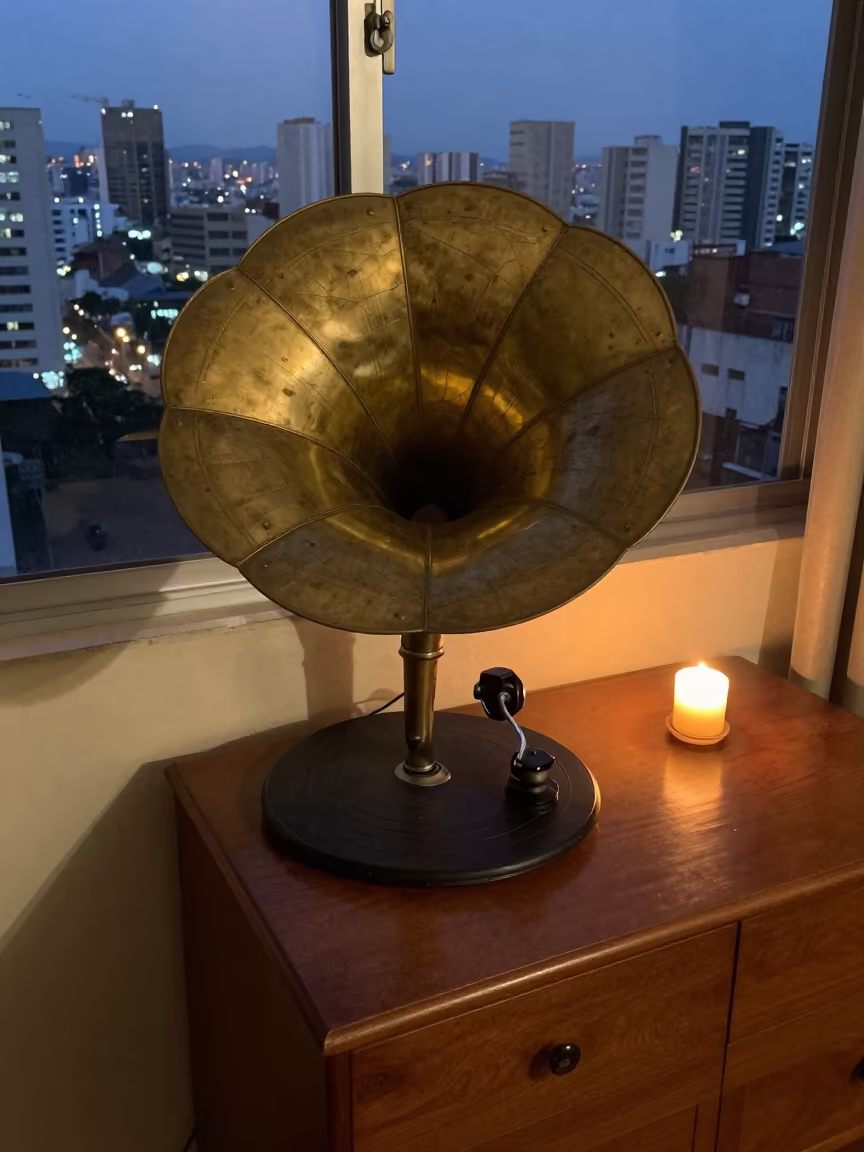 Brass Gramophone on Desk at Dusk in on a writing desk in Curitiba