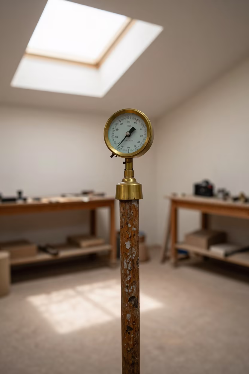 Brass Inclinometer on Wooden Staff Shelf in on a workshop shelf near Sanaa