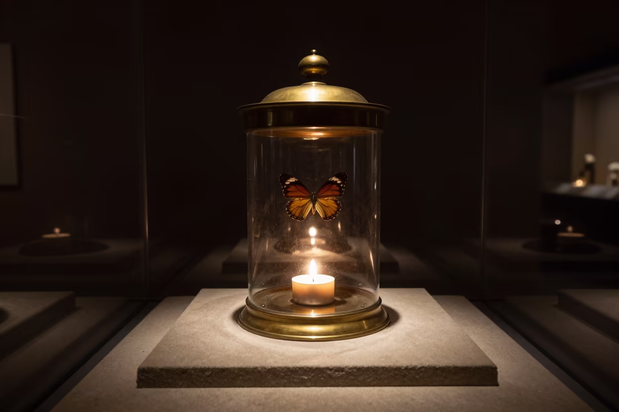 Brass Jar Butterfly Specimen Night in on a museum plinth in Kırşehir