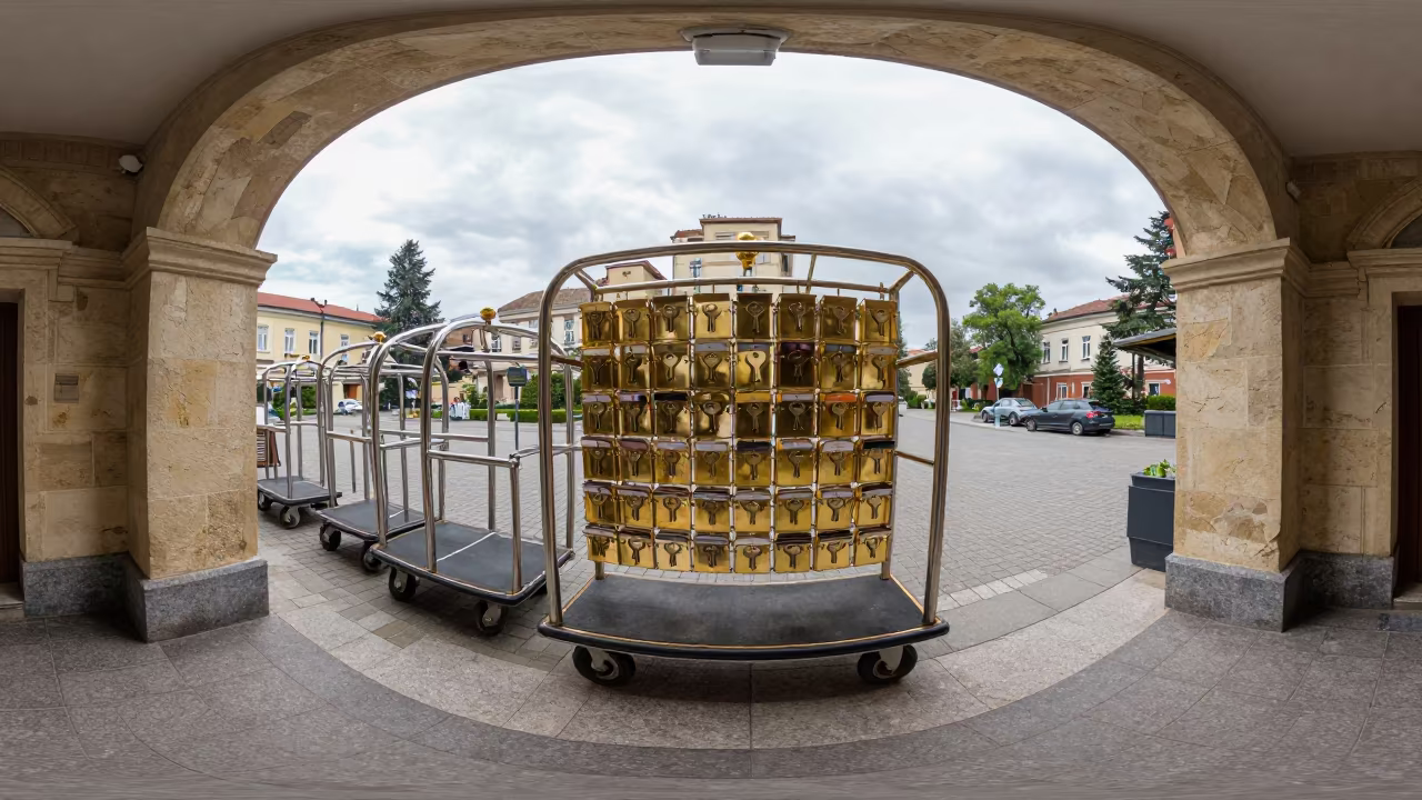 Brass Key Rack and Luggage Carts Timisoara Hotel in at a porte cochere with brass luggage carts waiting in Timisoara